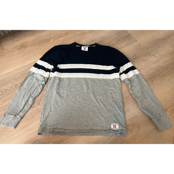 ABERCROMBIE & FITCH LS Striped Crewneck Rugby Tee Cotton Gray/Navy/Ivory-SZ Med - Picture 7 of 9